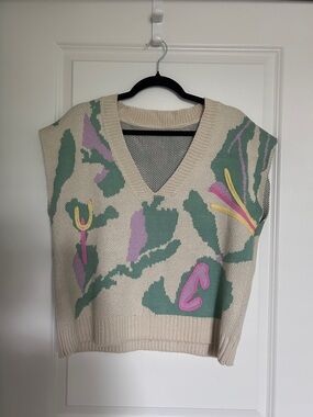 Vibrant Patterned Knit V-Neck Sweater Vest - Cream, Green, Pink, Yellow